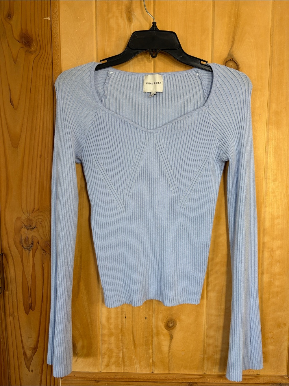 Pink Rose Pale Blue Ribbed Long Sleeve Knit Top